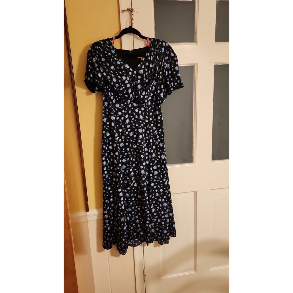 Betsey Johnson Midi Babydoll Dress Black & Blue Floral Print Satin Sleeves 12